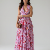 Nori | Robe maxi florale à col halter et corsage froncé