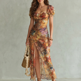 Ciel | Robe midi à manches à volants, froncée et fendue