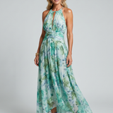 Portia | Robe midi à col halter plissé et motif floral doux