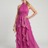Orea | Robe maxi à col montant, froncée et à volants étagés