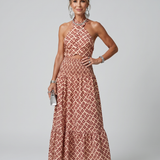 Amira | Robe midi à col halter croisé, imprimé géométrique et découpes