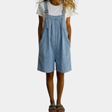 Isabel - Combinaison courte en denim avec toucher coton doux et lavage vintage Bleu clair