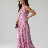 Nori | Robe maxi florale à col halter et corsage froncé