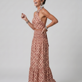 Amira | Robe midi à col halter croisé, imprimé géométrique et découpes