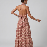 Amira | Robe midi à col halter croisé, imprimé géométrique et découpes