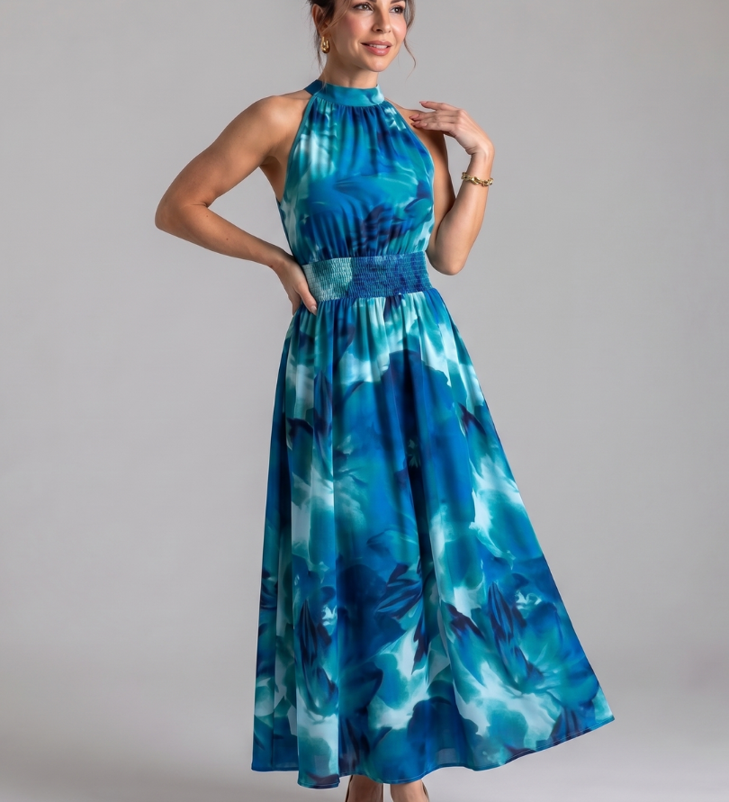 Olivia | Robe midi à taille froncée et imprimé abstrait