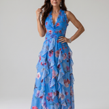 Nori | Robe maxi florale à col halter et corsage froncé
