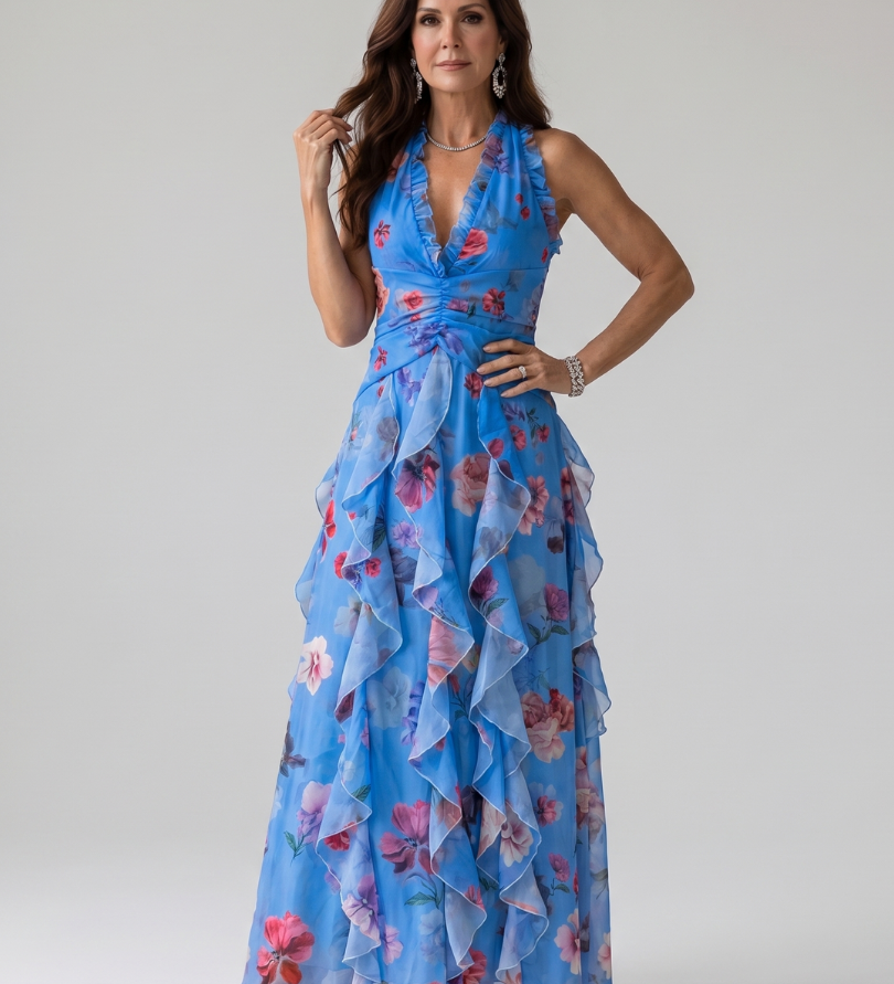 Nori | Robe maxi florale à col halter et corsage froncé