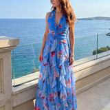 Nori | Robe maxi florale à col halter et corsage froncé