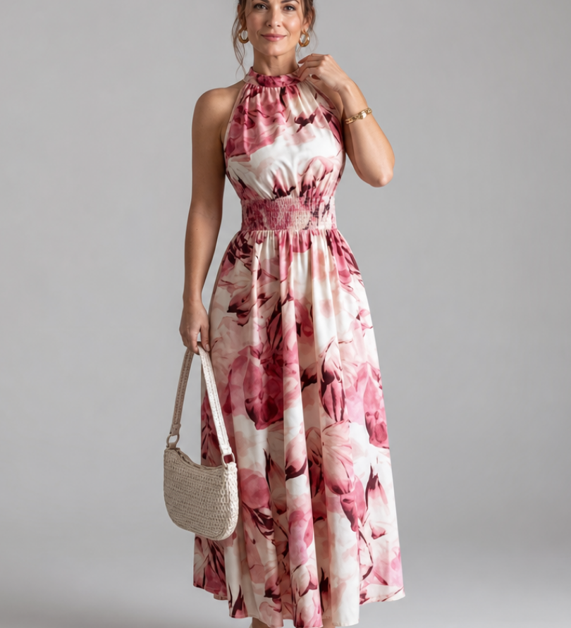 Olivia | Robe midi à taille froncée et imprimé abstrait