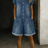 Sofía - Salopette courte vintage en coton au look denim